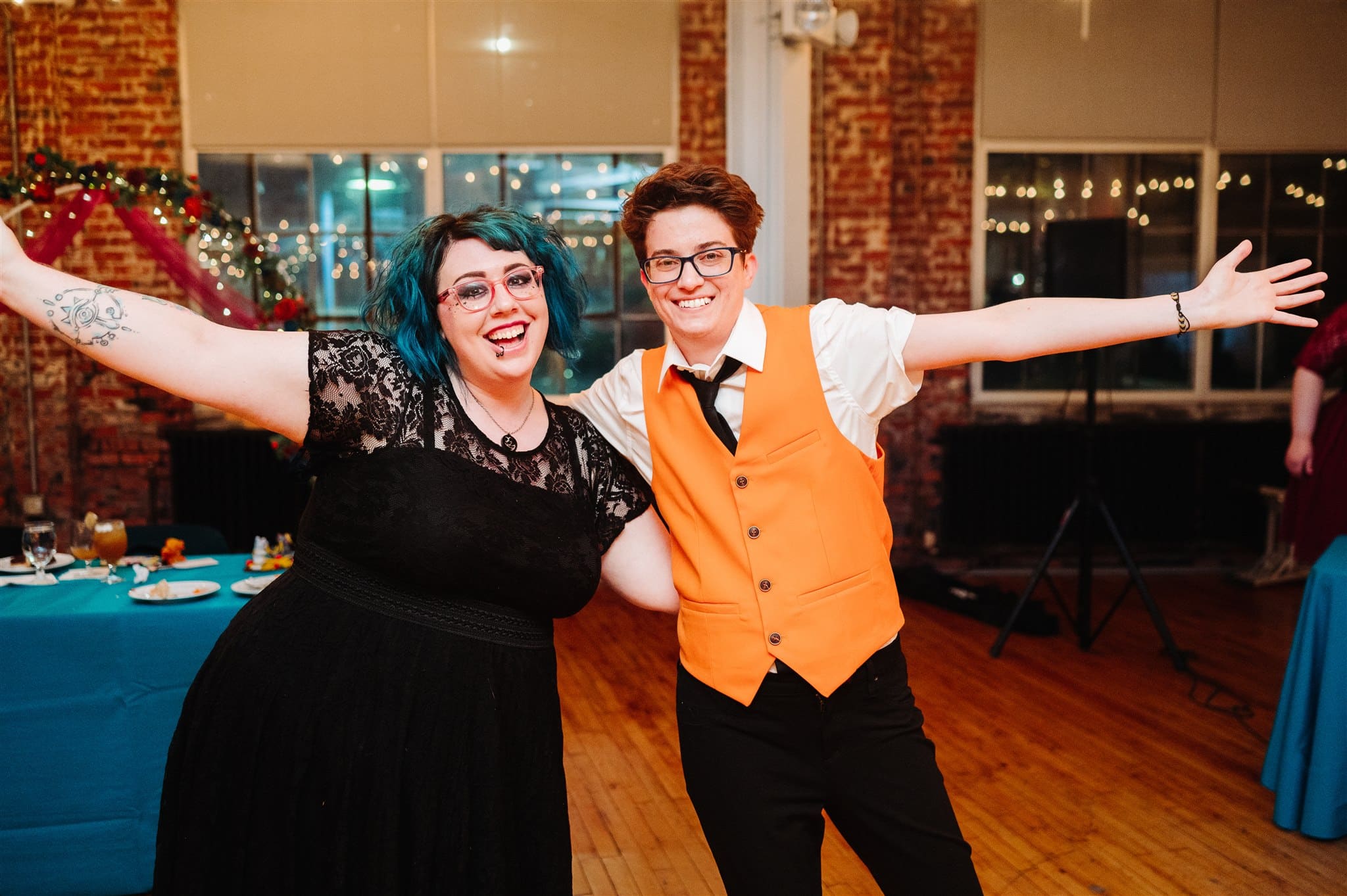 bold wedding reception decor at goggleworks center in pennsylvania – colorful tablescapes and creative centerpieces.