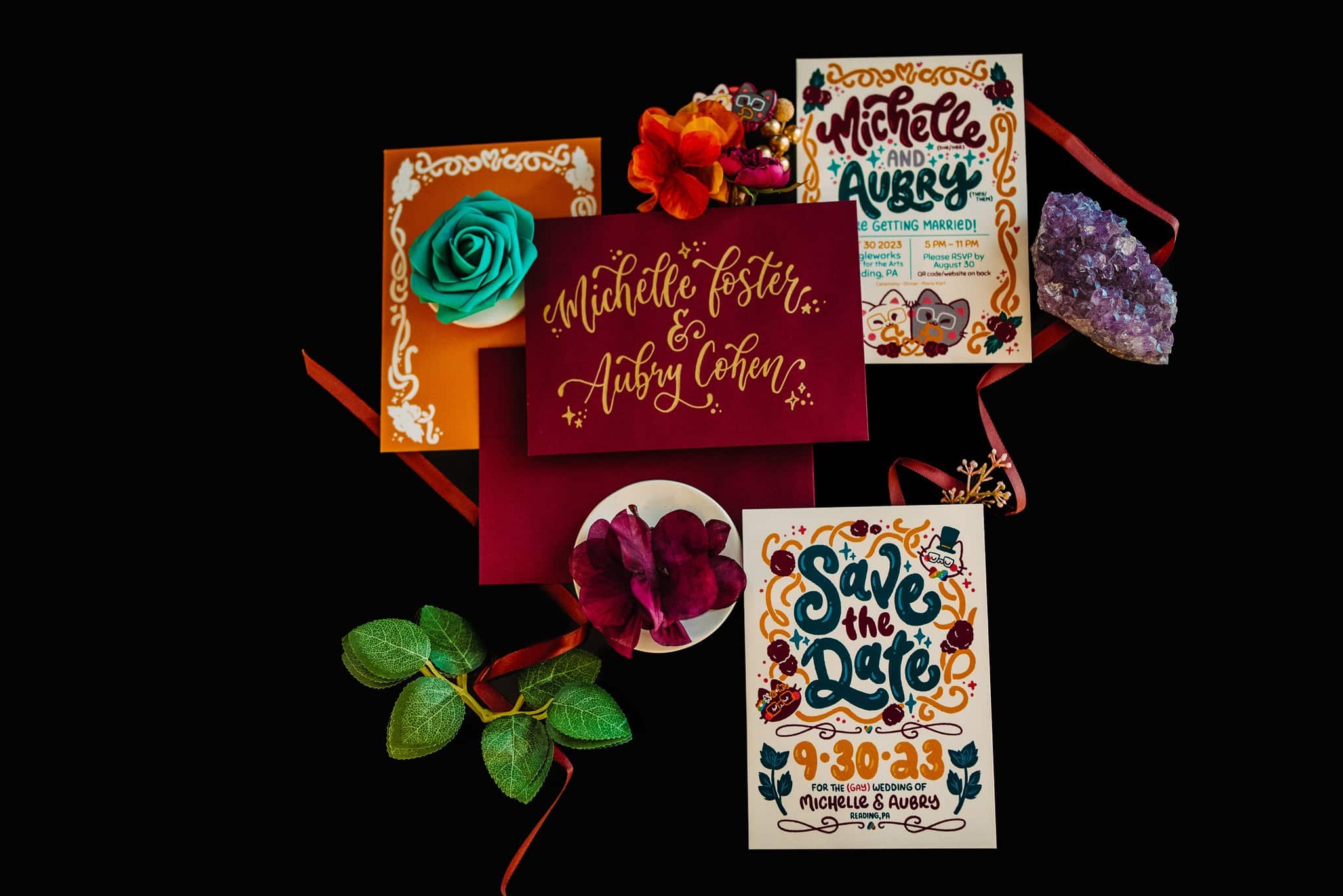 artistic wedding invitations for a nontraditional wedding in pennsylvania – creative and colorful stationery design.